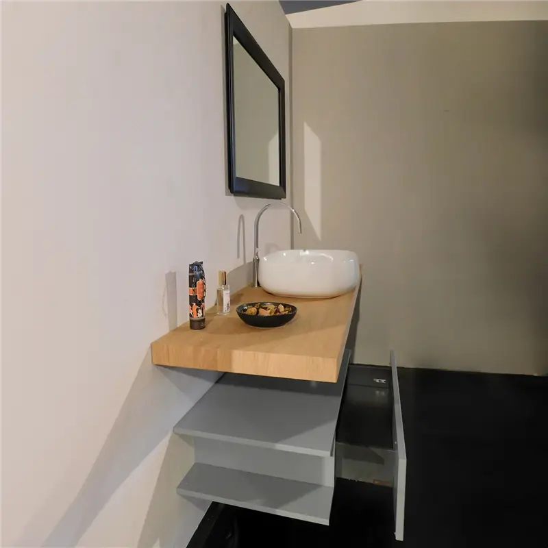 Edoné composizione BAGNO Maia finitura pietra opaco, top rovere nodato 180X12HX50P., lavello mod. troy con portasalviette