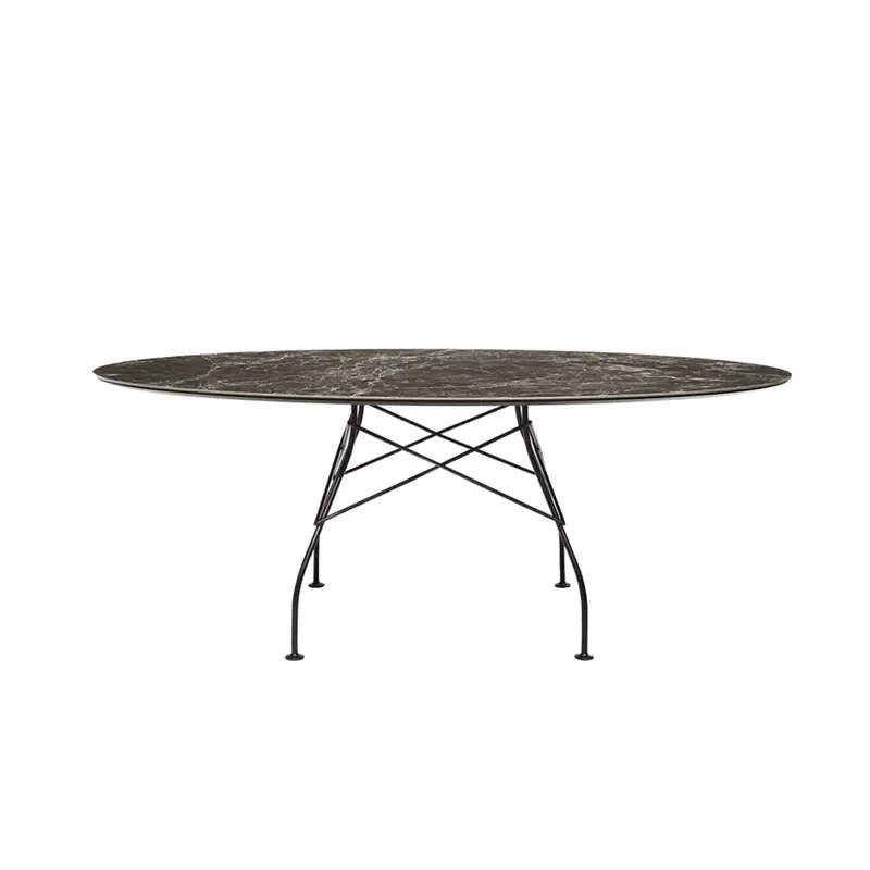 Kartell Glossy tavolo ovale - Struttura in acciaio nero, Piano Brown emperador