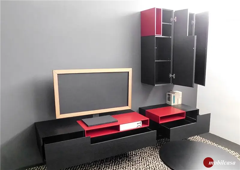 MDF Italia Inmotion composizione soggiorno in frassino laccato nero e rosso