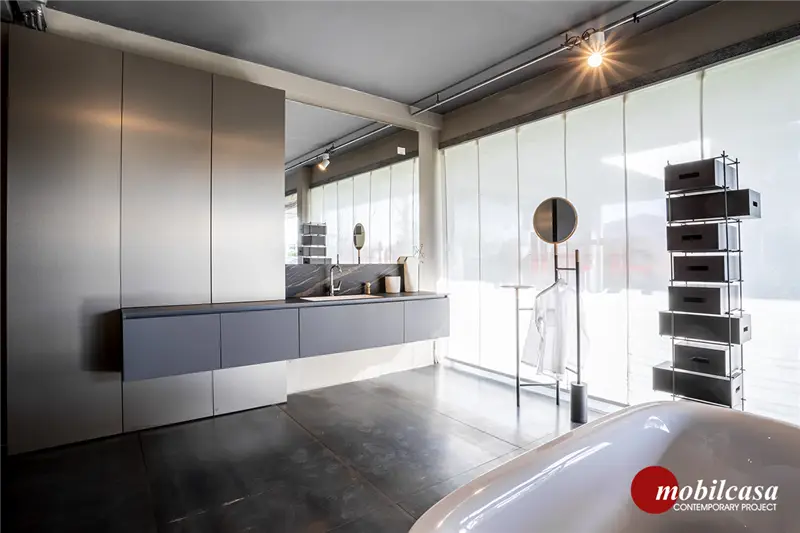 Modulnova Composizione bagno MH6 - struttura in melaminico con anta Leaf Metal Ivory, L. 465 cm