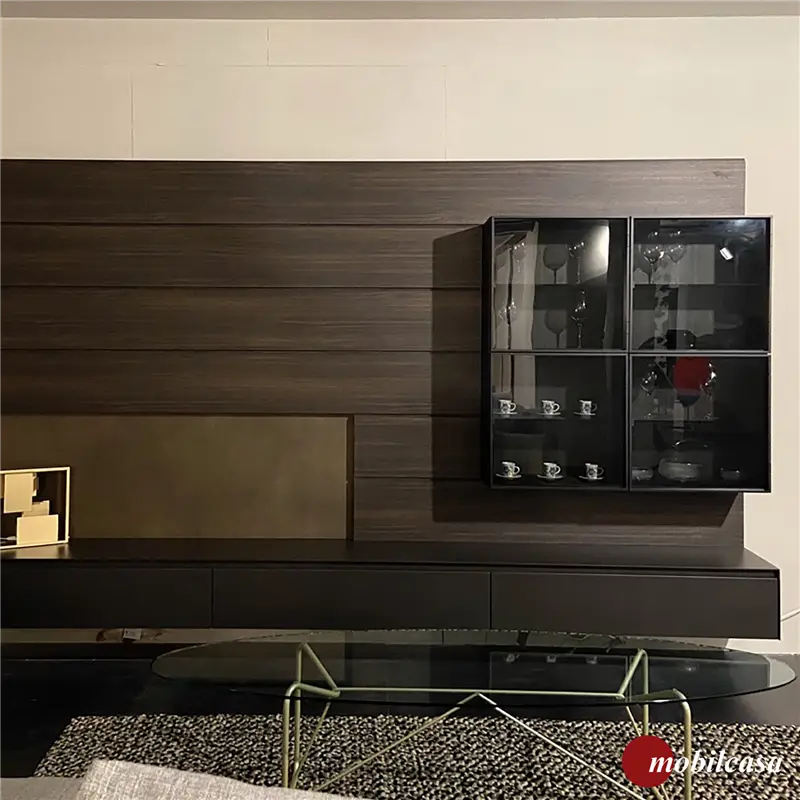 Modulnova Skill / Twenty composizione soggiorno con pensile vetrina, Boiserie e LED per schienale illuminato