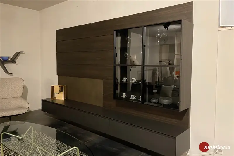 Modulnova Skill / Twenty composizione soggiorno con pensile vetrina, Boiserie e LED per schienale illuminato