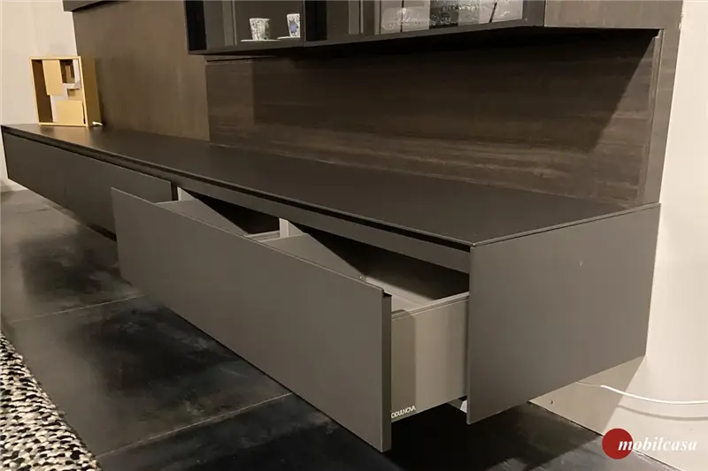 Modulnova Skill / Twenty composizione soggiorno con pensile vetrina, Boiserie e LED per schienale illuminato