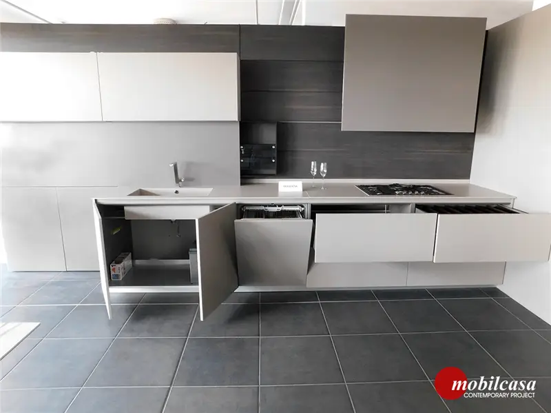 Modulnova MH6 composizione cucina a parete con base in vetro e pensili con anta a ribalta