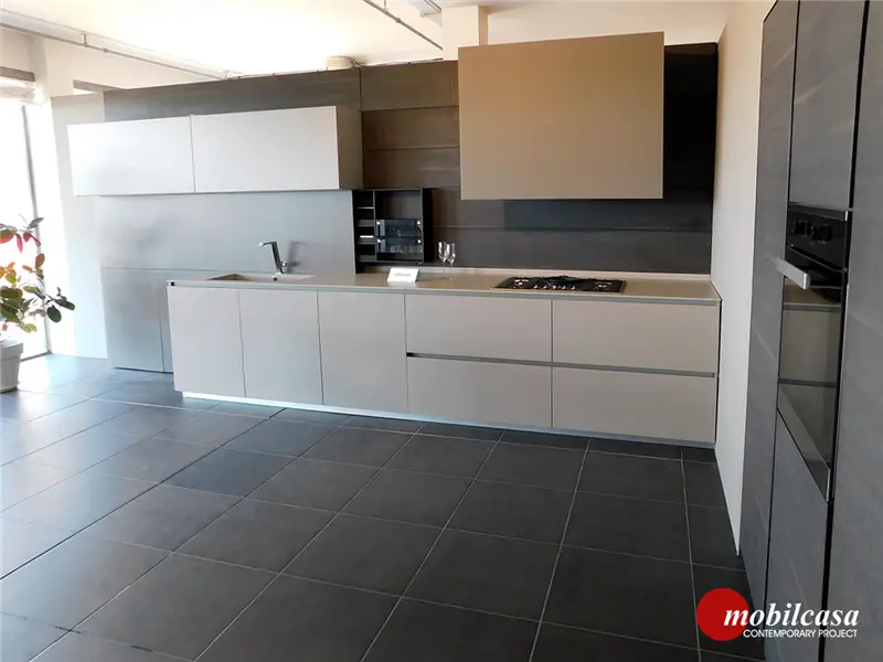 Modulnova MH6 composizione cucina a parete con base in vetro e pensili con anta a ribalta