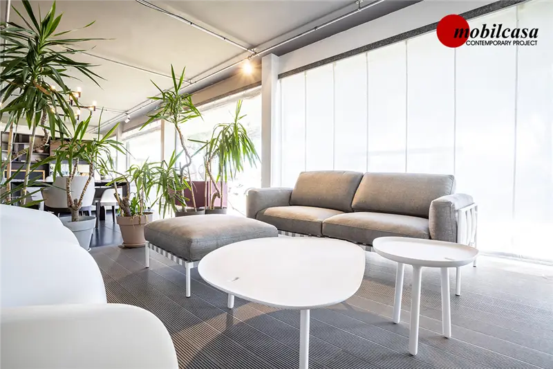 Zanotta Parco divano 2 posti 224 cm con struttura verniciata bianca, rivestimento tessuto Talasso grigio chiaro + Pouf outdoor